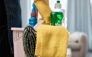 a gloved hand holding a basket of cleaning supplies