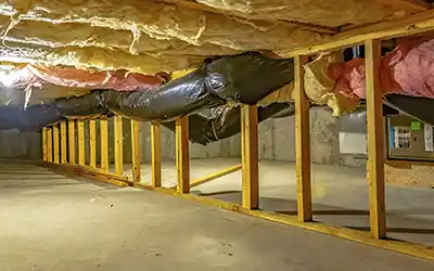 Crawl space with insulation to protect from moisture - keep your spaces moisture free with Johnson Pest Control in TN