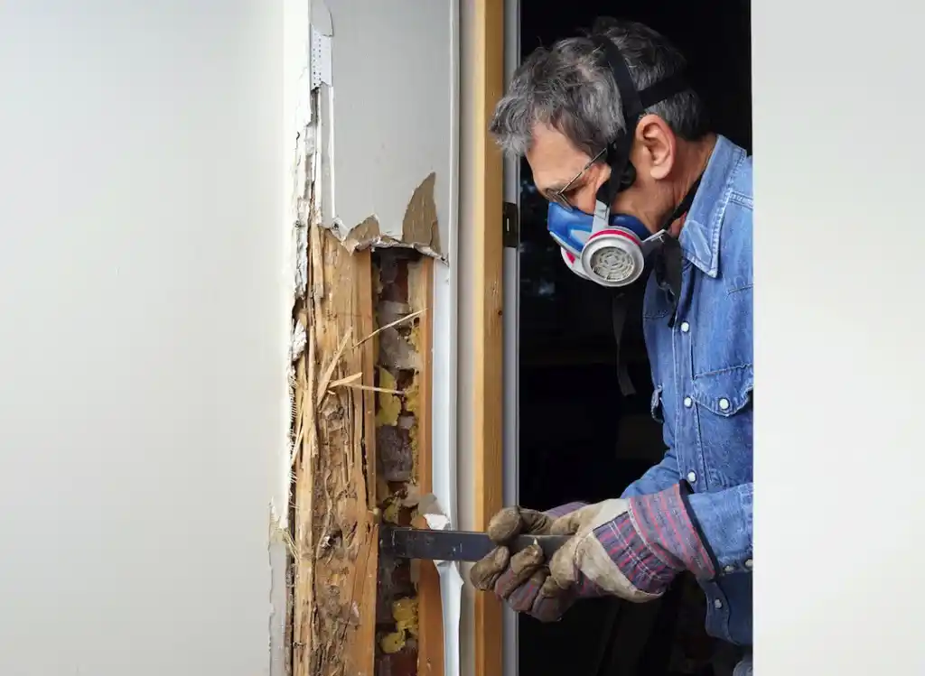 A technician removing termite damage from a door frame - keep termites away from your home with Johnson Pest Control in TN